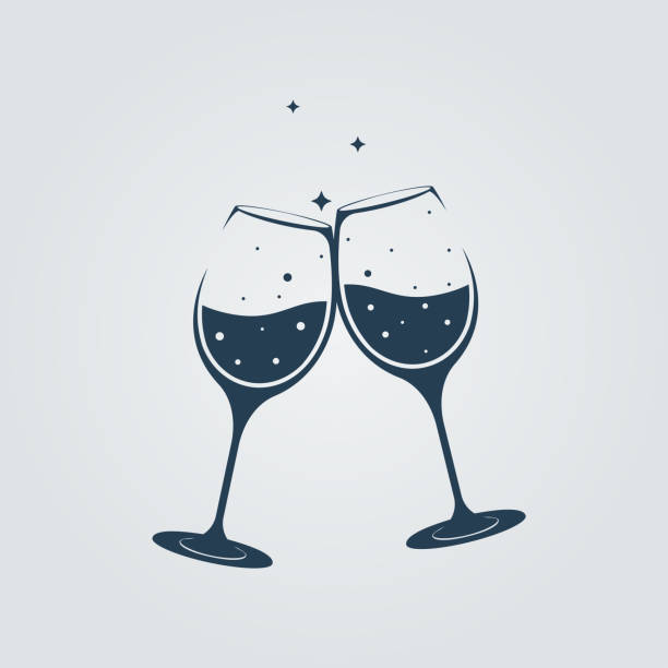bildbanksillustrationer, clip art samt tecknat material och ikoner med två champagneglas clink i toast. vektor illustration platt design. - wine cheers