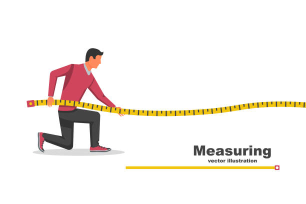 illustrazioni stock, clip art, cartoni animati e icone di tendenza di metro nelle mani della persona che effettua le misurazioni - ruler tape measure instrument of measurement centimeter