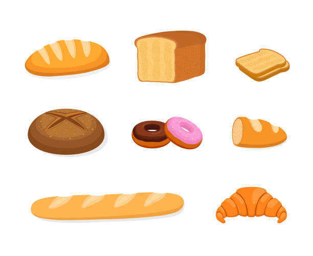 Vector bakery set - bun, rye and cereal bread Vector bakery set - bun, rye and cereal bread, baguette and loaf. Cartoon dough products, croissant and donut. loaf of bread stock illustrations