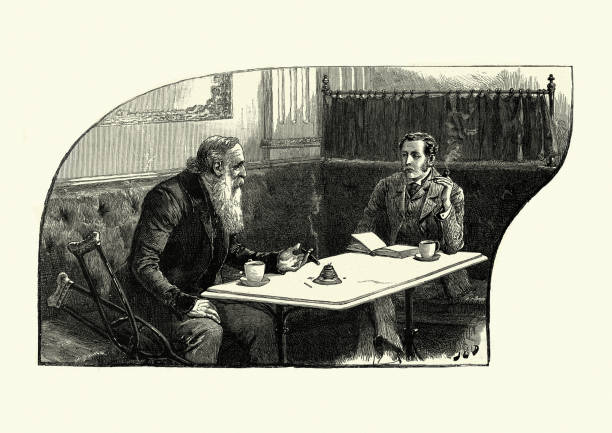 Vintage engraving of Two men drinking and smoking in a cafe Victorian, 19th Century.  My Friend Bellamy, by W.G Waters