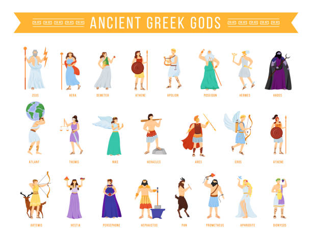 ilustrações de stock, clip art, desenhos animados e ícones de ancient greek pantheon gods and goddesses flat vector illustrations set. titans and heroes. mythology. olympian deities. divine mythological figures. isolated cartoon characters - god