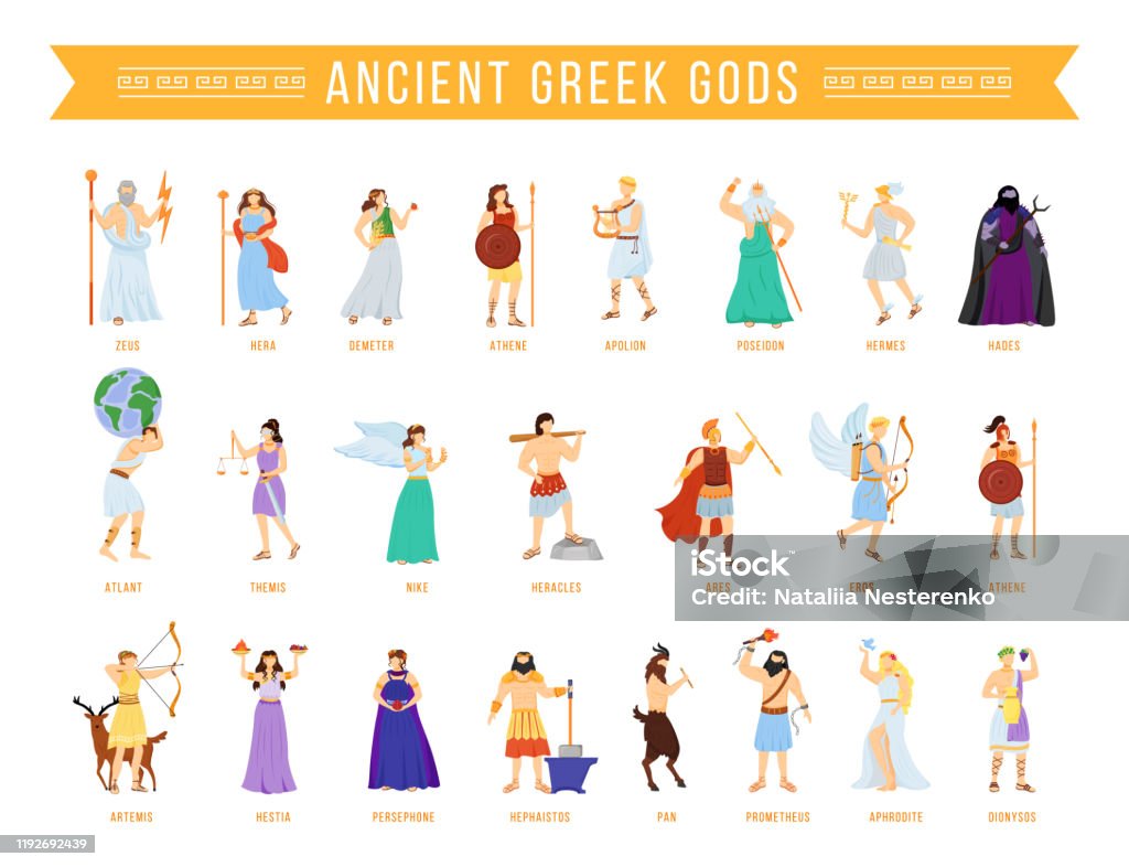 Ancient Greek Pantheon Gods And Goddesses Flat Vector Illustrations Set  Titans And Heroes Mythology Olympian Deities Divine Mythological Figures  Isolated Cartoon Characters Stock Illustration - Download Image Now - iStock