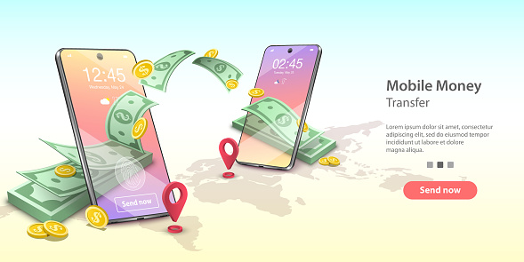 Vector concept illustration of mobile money transfer. Two smartphones and bundle of the banknotes and coins are flying from one smartphone to the other. Template for website landing page.