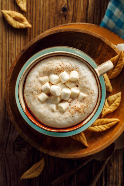 istock Hot chocolate with marshmallows and cinnamon in a ceramic mug on the wooden table, top view 1192696054