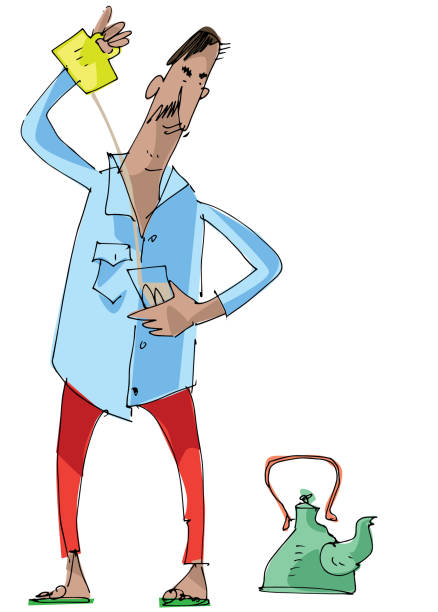 An indian tea vendor. An indian tea vendor pouring tea from mug to cup. Cartoon. Caricature. indian pouring tea stock illustrations