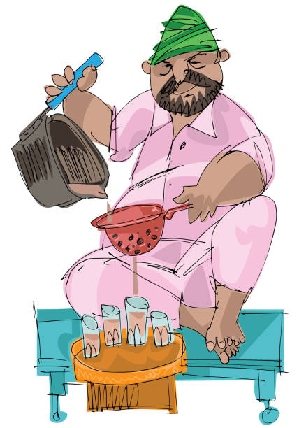 An indian tea vendor. An indian tea vendor pouring tea from mug to cup. Cartoon. Caricature. indian pouring tea stock illustrations
