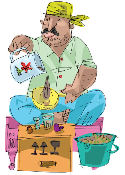 An indian tea vendor. An indian tea vendor pouring tea from mug to cup. Cartoon. Caricature. assam stock illustrations