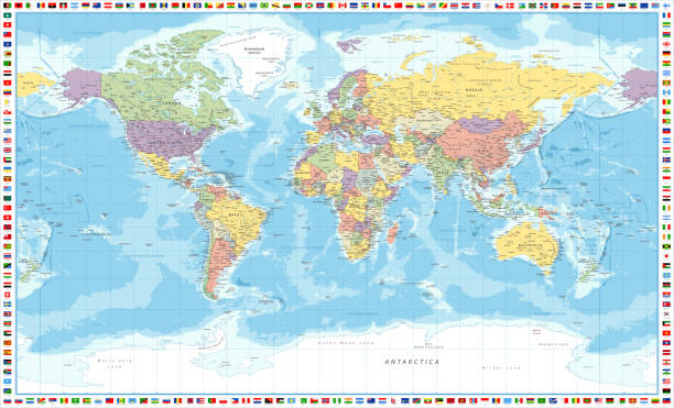 ilustraciones, imágenes clip art, dibujos animados e iconos de stock de world map political and flags - vector detailed illustration - intrincado