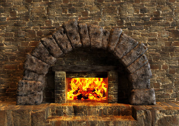 Vintage wooden planks over blurred traditional stove for baking pizza