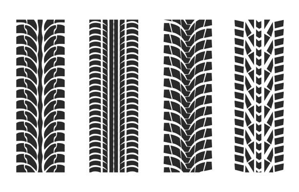 Tire tracks patterns collection Tire tracks patterns collection with various tread textures. Isolated vector illustration motorcycle 4 wheels stock illustrations