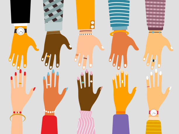 International unity and friendship concept International unity and friendship concept with female and male hands of different races and nationalities reaching each others in flat style. Vector illustration wristband illustrations stock illustrations