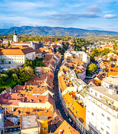This pic show Zagreb city in Croatia at Sunset. Aerial View of Zagreb from Ban Jelacic Square. The pic is taken in october 2019.