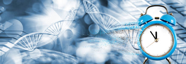 istock dna chain on biotechnological background and a clock with particles decaying on one side.3 d illustration 1192715309