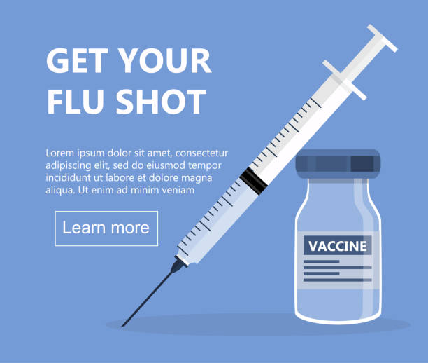 grippe-schuss-konzept om der blaue hintergrund. zeit zum impfen. holen sie sich ihre grippe schuss. spritze mit impfstoffflasche. immunisierung - grippeimpfstoff stock-grafiken, -clipart, -cartoons und -symbole