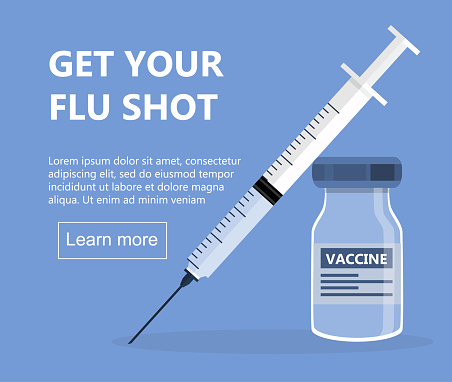 Flu shot concept om the blue background. Time to vaccinate. Get your flu shot. Syringe with vaccine bottle. Immunization vector illustration for website, apps, poster, banner.