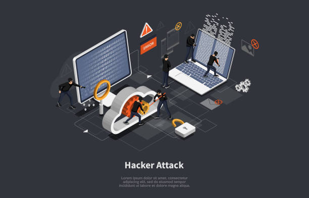 ilustrações de stock, clip art, desenhos animados e ícones de 3d isometric vector illustration, phishing scam, hacker attack, mobile security concept, data protection, cyber crime. vector illustration. - computer hacker computer crime computer thief