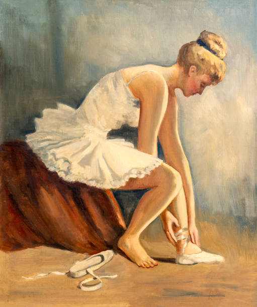 Young Ballerina in a Dance Studio Painting Vintage oil painting of young ballerina siting down getting ready for practice. dancing school stock illustrations