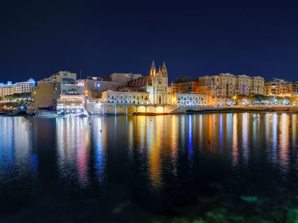 Church of Our Lady of Mount Carmel at night, St.Julians, Malta Church of Our Lady of Mount Carmel at night, St.Julians, Malta, Europe st julians bay stock pictures, royalty-free photos & images