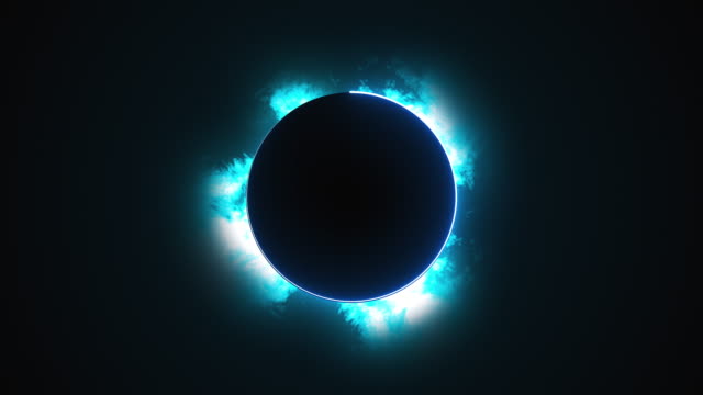 Computer generated a dark round disk with a neon border against the backdrop of rapidly moving clouds. 3d rendering solar eclipse