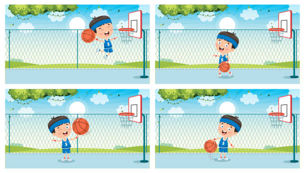 밖에서 농구를 하는 작은 아이 - basketball teenager nature outdoors stock illustrations