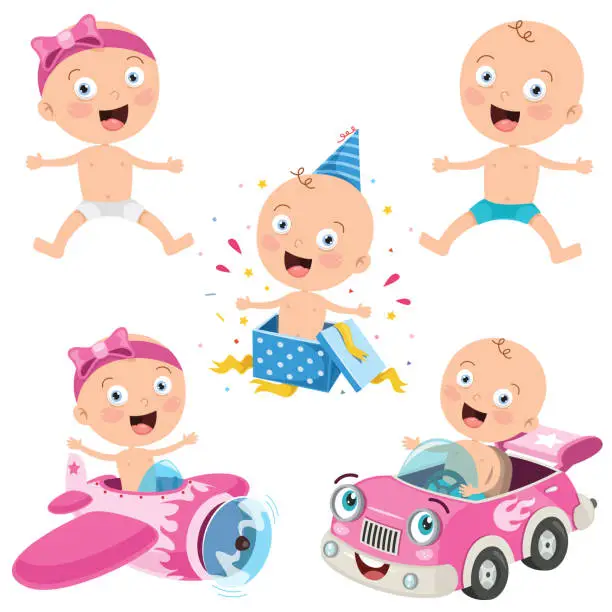 Vector illustration of Various Poses Of Cartoon Baby