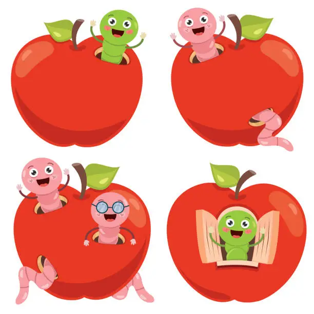 Vector illustration of Red Apple And Cartoon Worm