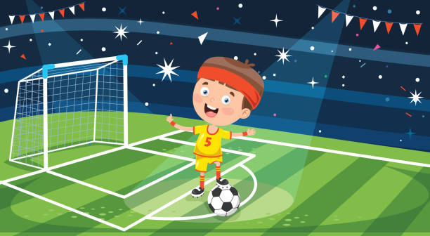 kleiner fußballer posiert mit ball - playing field goalie soccer player little boys stock-grafiken, -clipart, -cartoons und -symbole