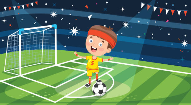 маленький футболист позирует с мячом - playing field goalie soccer player little boys stock illustrations