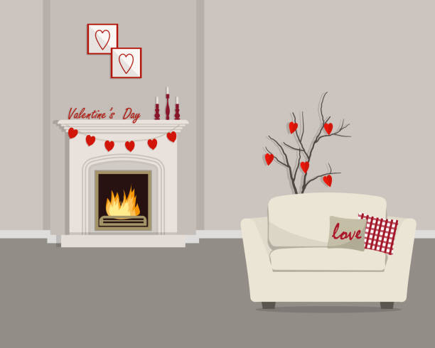 Room, decorated for Valentine's Day. Living room with fireplace and armchair. Valentines decor in the interior Room, decorated for Valentine's Day. Living room with fireplace and armchair. Valentines decor in the interior. There is a garland of red hearts, candles, pillows and decorative branches. Vector fireplace and armchair stock illustrations