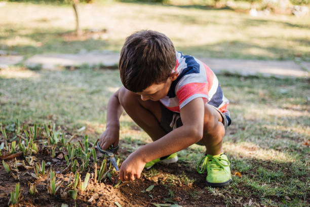 istock 6 years old boy cuts grass with scissors at backyard 1192733542