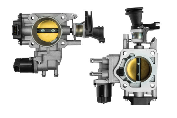 白い背景にセンサーを持つスロットルボディアセンブリ - carburetor vehicle part engine car ストックフォトと画像