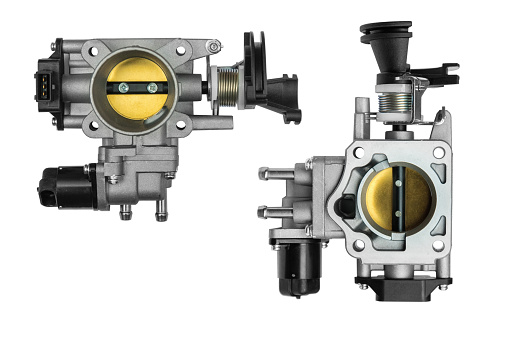 new throttle body assembly with sensor from different sides on a white background