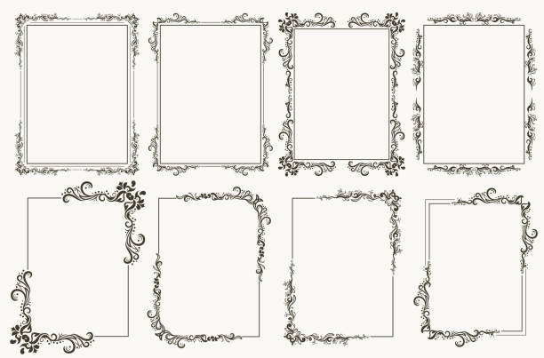 Calligraphic frame set. Borders corners ornate frames. Vector Calligraphic frame set. Borders corners ornate frames for certificate, floral classic decoration, vintage frames with elegant swirl and scroll. Corner flourish filigree elements. Vector template swashbuckler stock illustrations