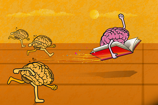 A group of cartoon brains are  running and the cartoon brain flying with book is winning the running competition. Can be used in reading and Individuality concepts. (Used clipping mask)