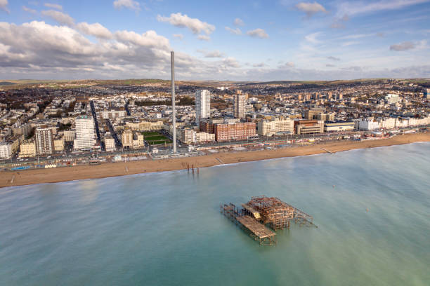 charred remains of brighton's west pier aerial view - somerset west imagens e fotografias de stock