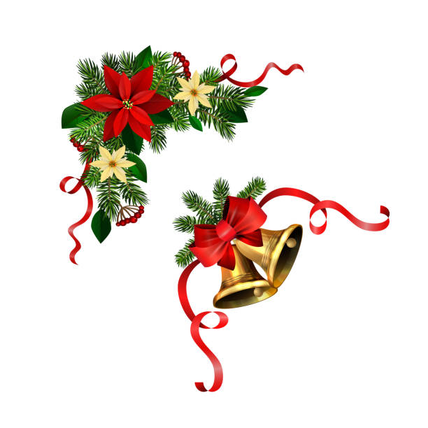istock Christmas decorations with fir tree golden jingle bells 1192746752