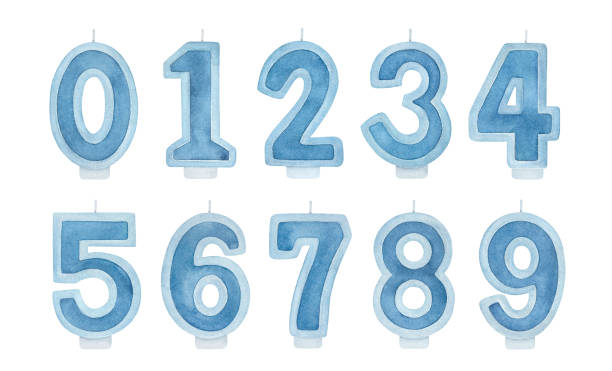 Navy blue Birthday Cake Candle Numbers pack (0, 1, 2, 3, 4, 5, 6, 7, 8, 9). Handdrawn watercolour on white background, cutout clipart elements for design, card, banner, invitation, scrapbook stickers. Hand drawn watercolor illustration. clip art of number nine stock illustrations