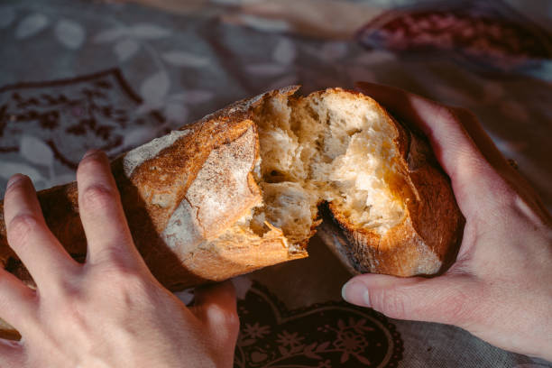 istock Female hands close-up breaking fresh baguette bread 1192760470