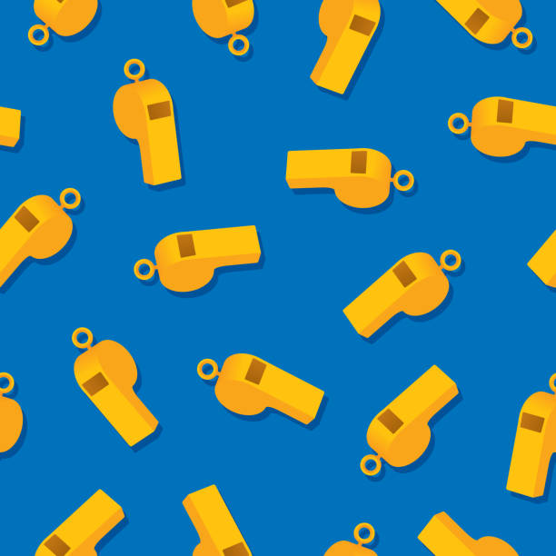 Whistle Pattern Flat Vector illustration of gold whistles in a repeating pattern against a blue background. loud whistle sound stock illustrations