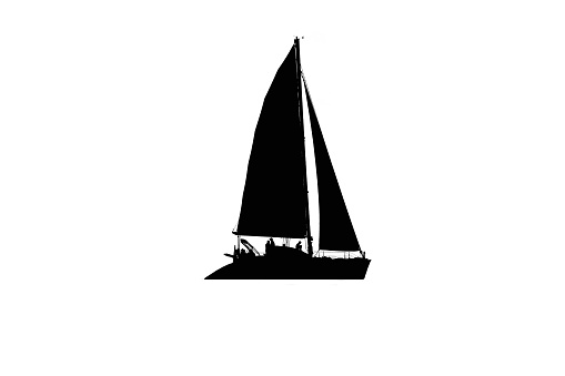 Silhouette of a sailboat with people on board, black and white, cutout
