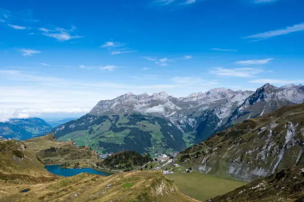 Beautiful alpine lake nestled in Swiss countryside.