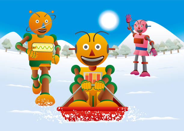 ilustraciones, imágenes clip art, dibujos animados e iconos de stock de familia robot jugando trineo en el campo nevado - robot manga style cute characters
