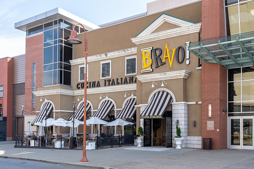 Buffalo, New York, USA - September 22, 2019: The BRAVO Cucina Italiana restaurant at Walden Galleria in Buffalo; an Italian chain serving pasta, grilled dishes, pizza & cocktails amid Roman-ruin decor