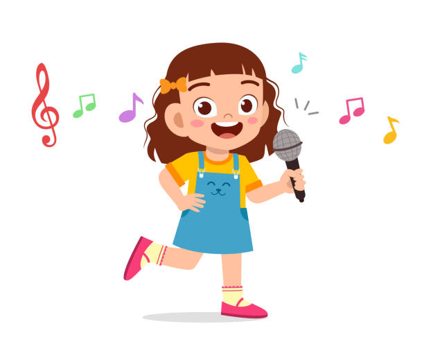 ilustraciones, imágenes clip art, dibujos animados e iconos de stock de chica niña linda feliz cantar con la sonrisa - musical theater child violin musical instrument