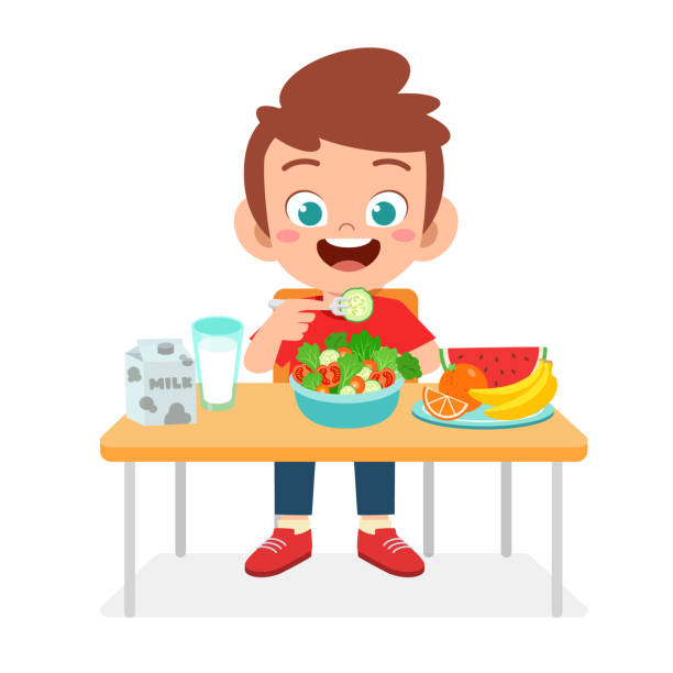ilustrações de stock, clip art, desenhos animados e ícones de happy cute kid boy eat healthy food - vegetables table