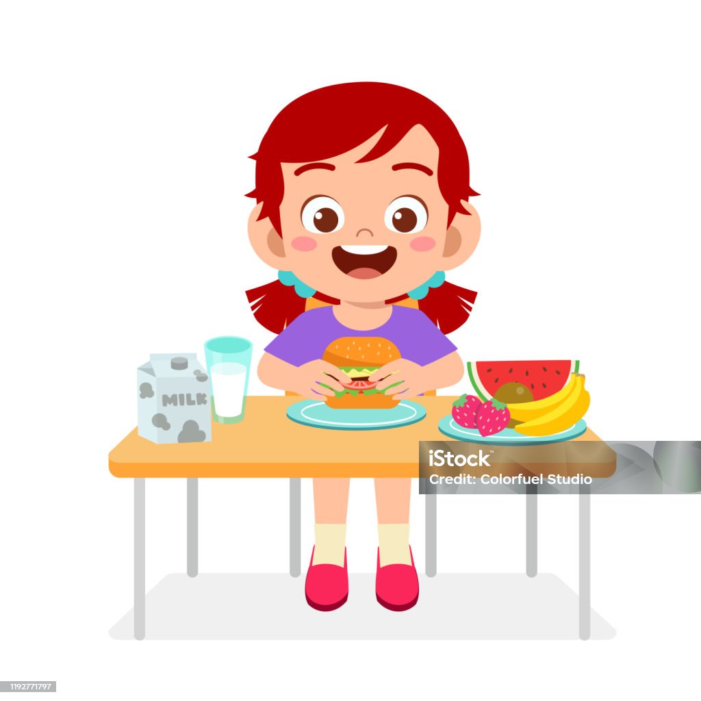 Happy Cute Kid Girl Eat Healthy Food Stock Illustration Download happy-cute-kid-girl-eat-healthy-food-stock-illustration-download