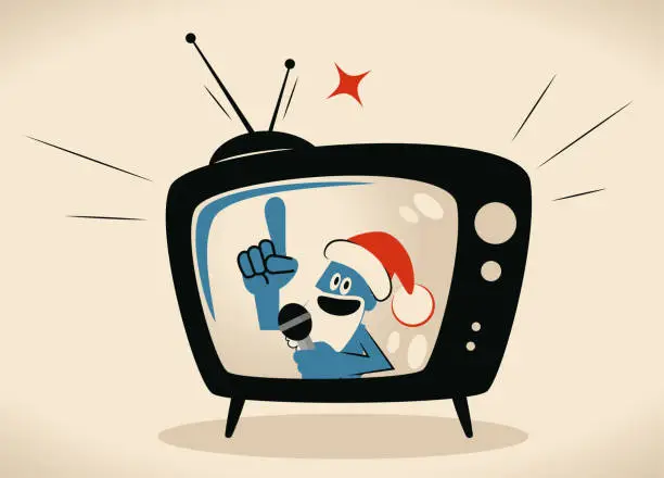 Vector illustration of Blue Santa Claus Host on TV screen talking with microphone
