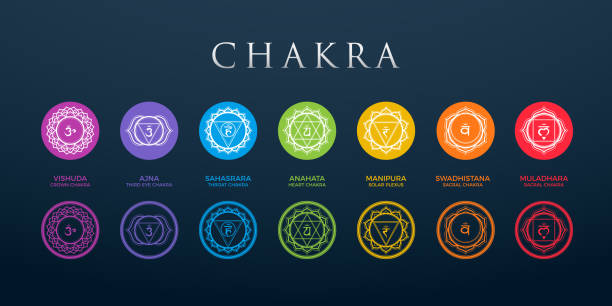 ilustraciones, imágenes clip art, dibujos animados e iconos de stock de chakra set sobre fondo oscuro - chakra
