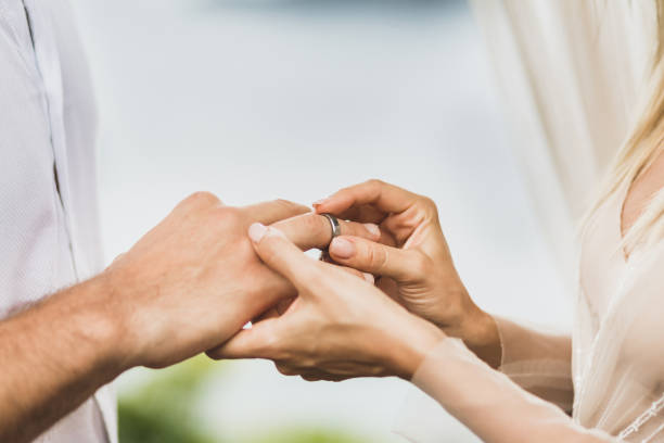 istock Bride putting wedding ring on groom's hand close up. Symbol of love and commitment. Wedding ceremony vows. 1192789038