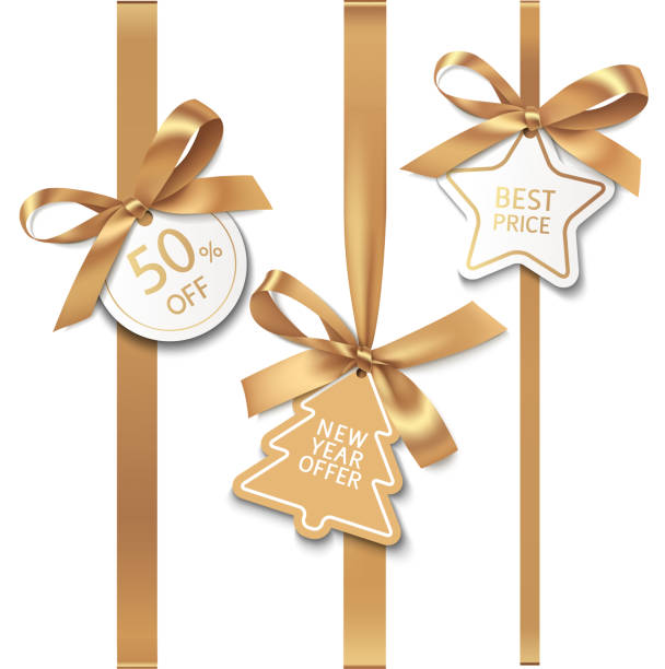 Set of New year sale decorations. Golden bow with price tag. vector art illustration